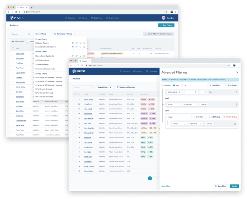 PRVNT patient list with preset filters and advanced filtering