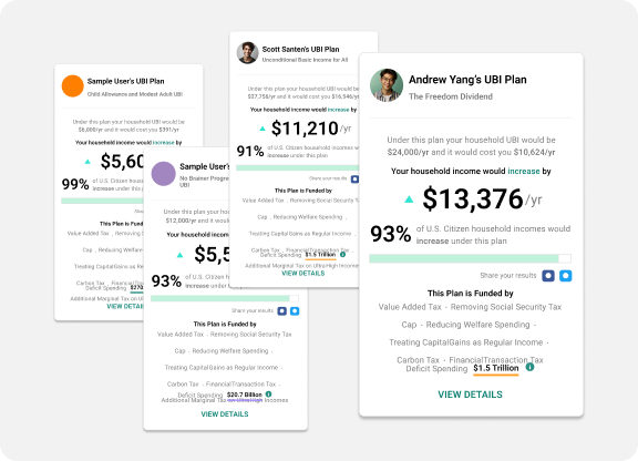 UBI Calculator comparing income under different policy assumptions.