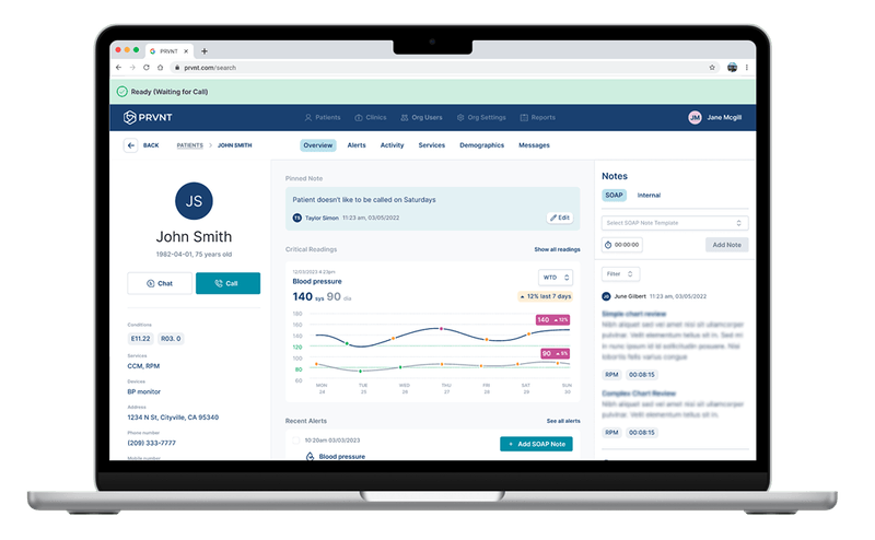 PRVNT patient overview with calling controls, clinical notes and monitoring trends