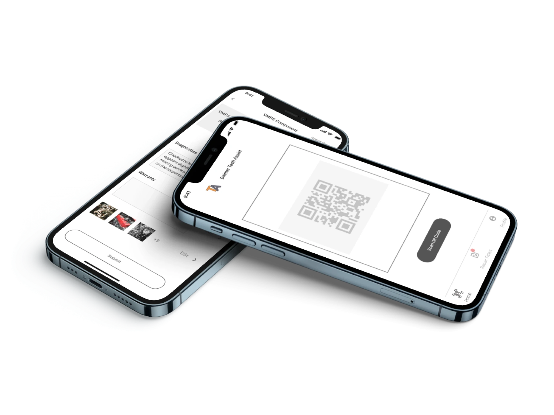 TechAssist QR scanning and repair documentation screens