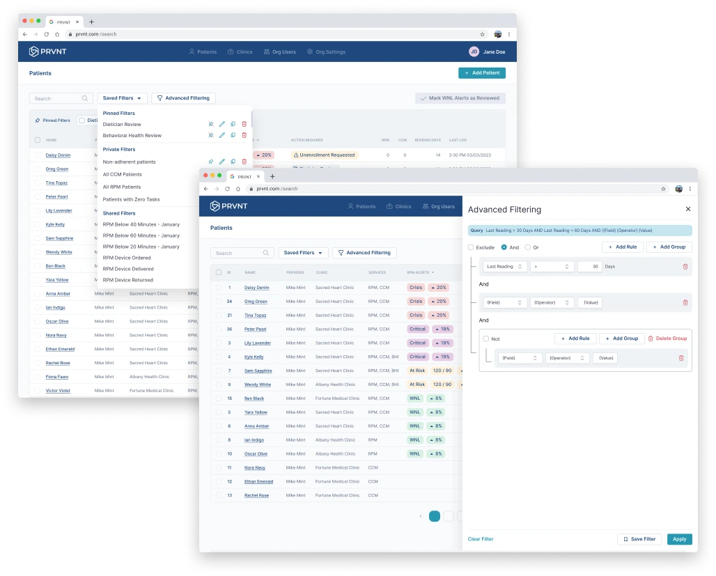 PRVNT patient list with preset filters and advanced filtering