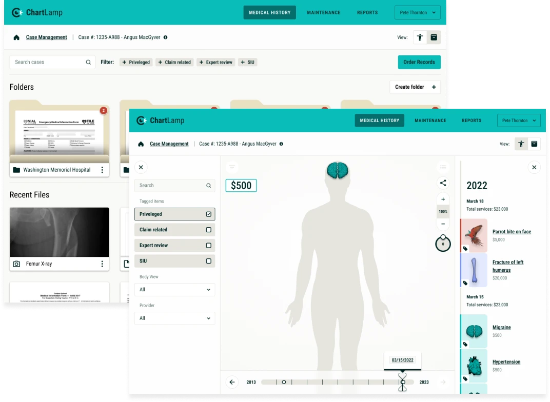 ChartLamp high-fidelity prototype connecting records, anatomy and medical timelines
