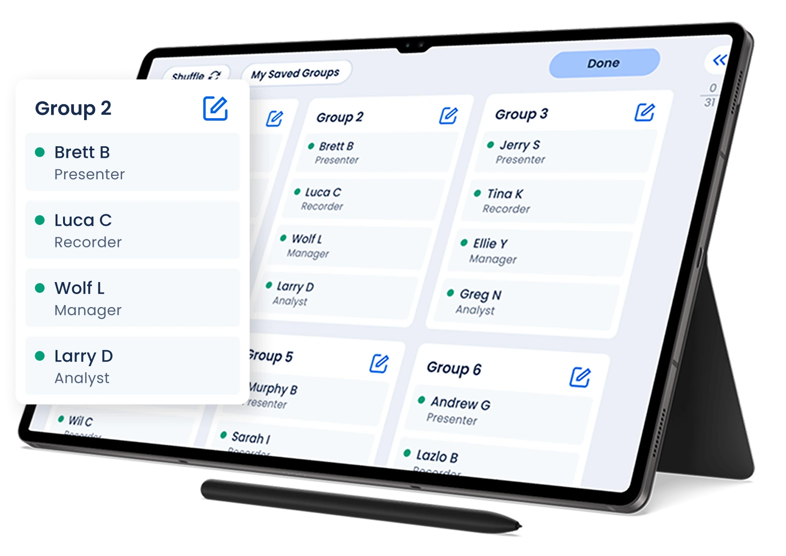 PeerLearning classroom platform with activity and grouping views