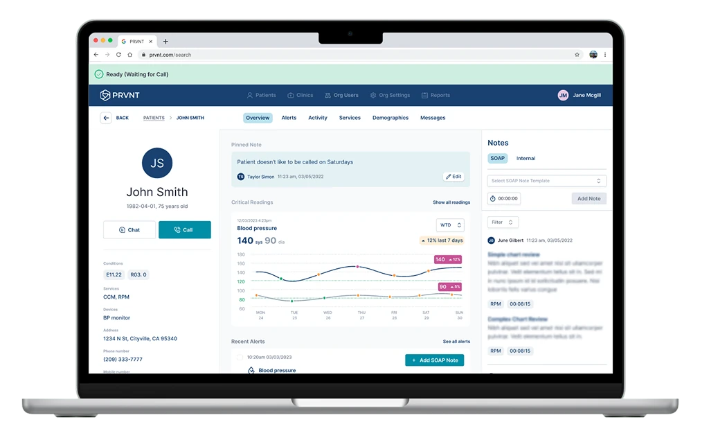 PRVNT care-team workspace bringing patient information, calling and notes together