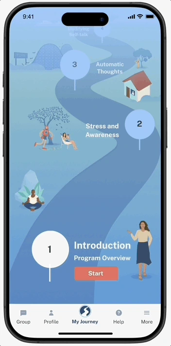 attune session roadmap with persistent navigation for Group, Profile, My Journey, Help and More