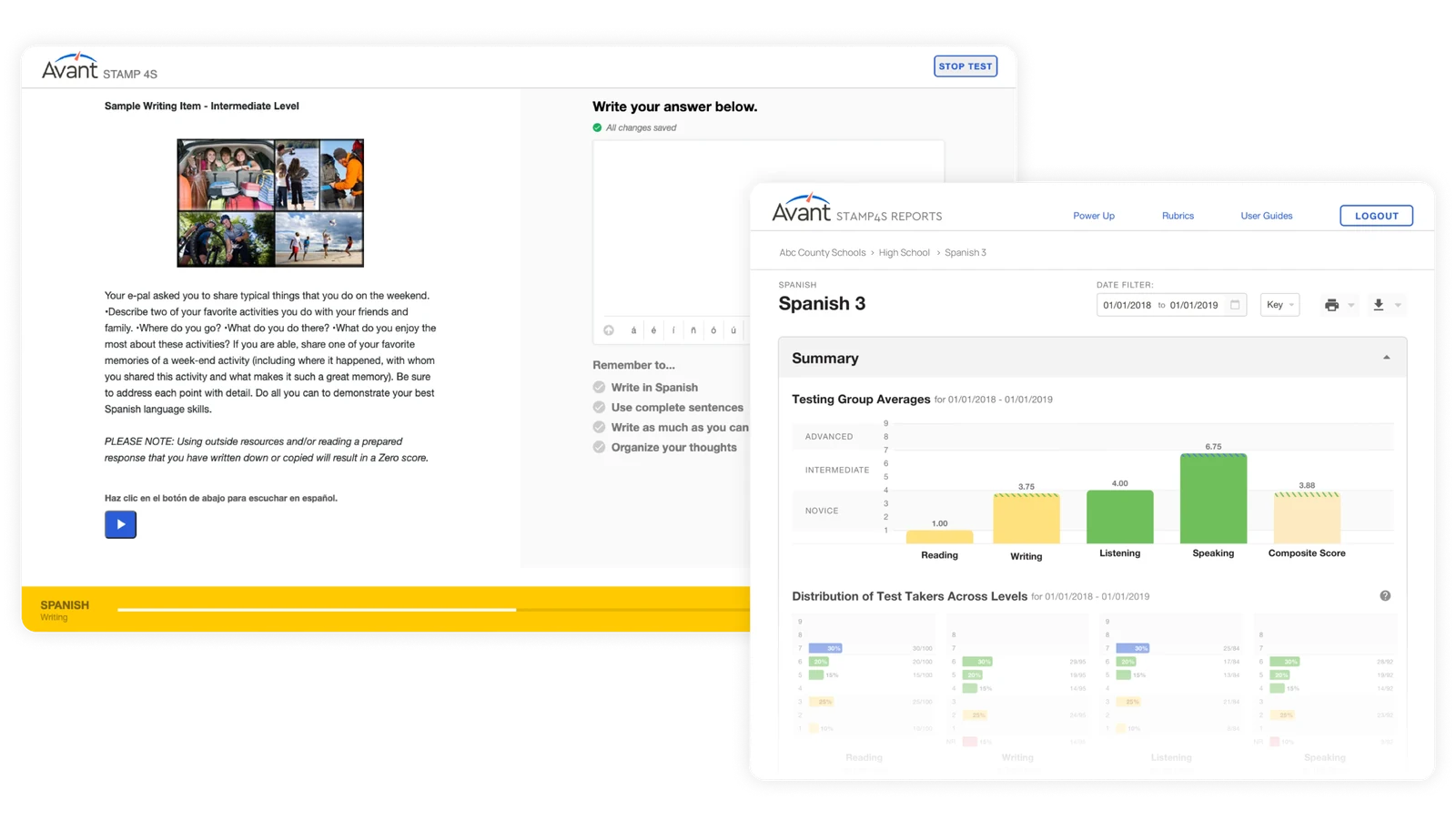 Avant language assessment and learner results shown side by side.