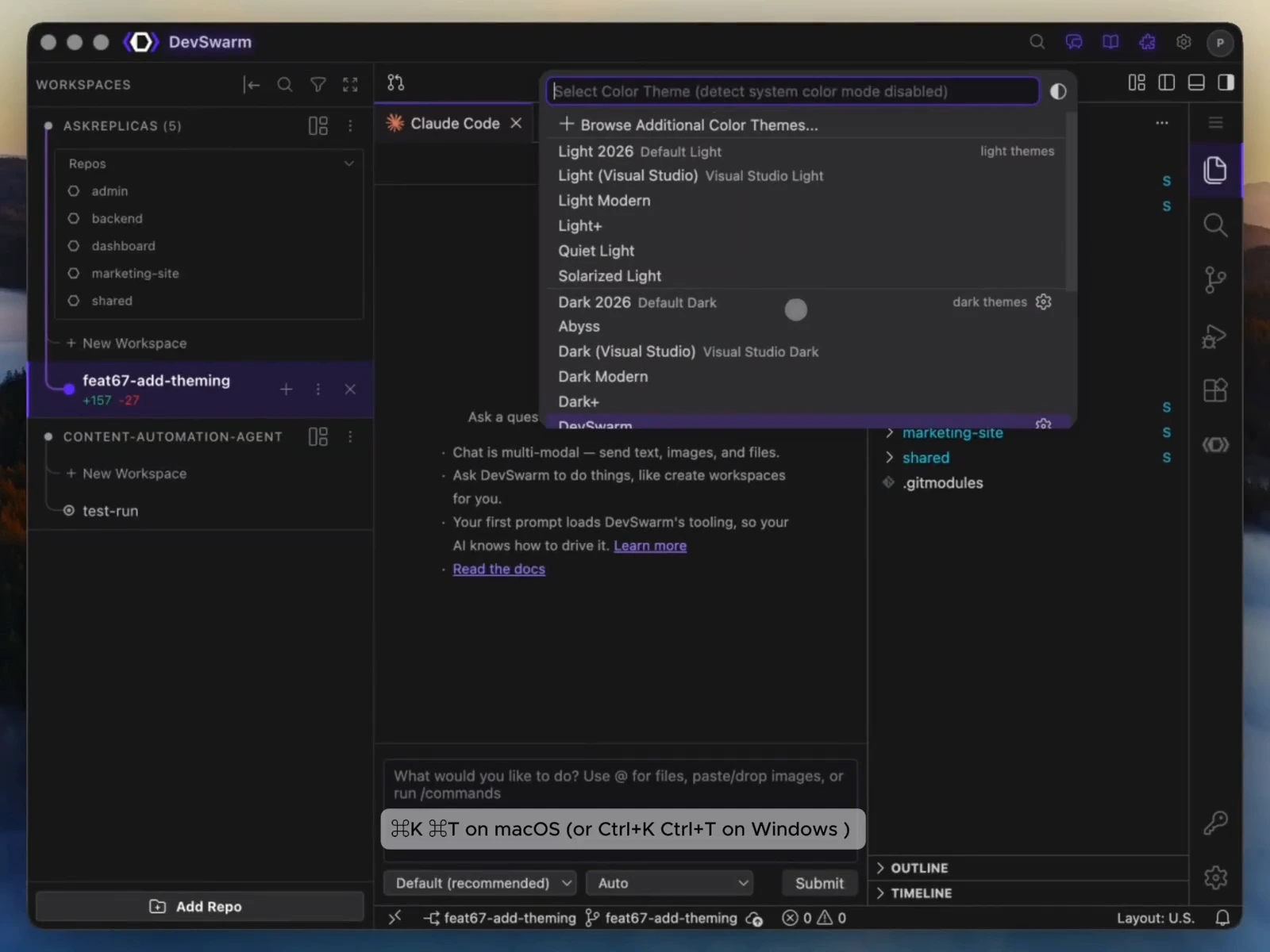 Theme changes carry through the DevSwarm interface.
